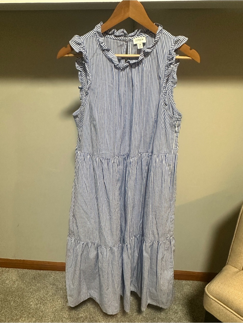 J.Crew Striped Ruffle Tiered Midi Dress Size 10 Blue White